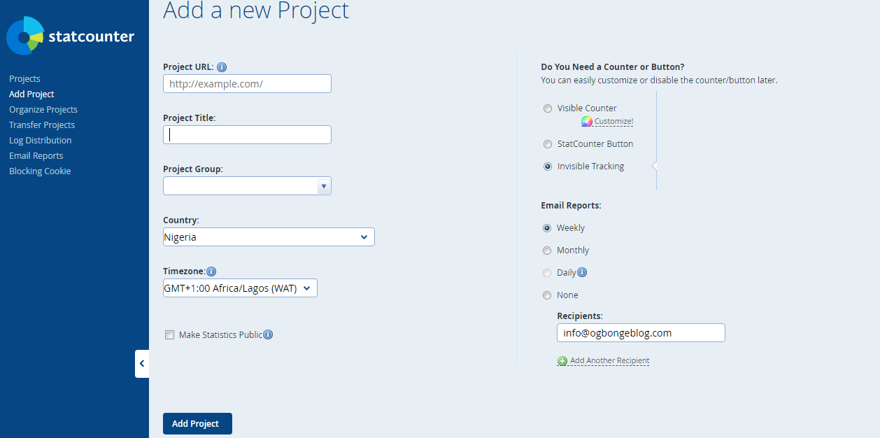 statcounter blog traffic tracker add project